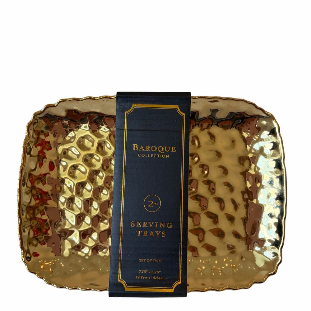 Baroque Collection Serving Trays 7.75" Hammered Gold Set of 2 Holiday Glam New